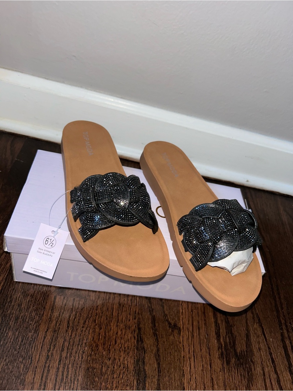 TOP Moda Black Beaded Braided Slide Sandals